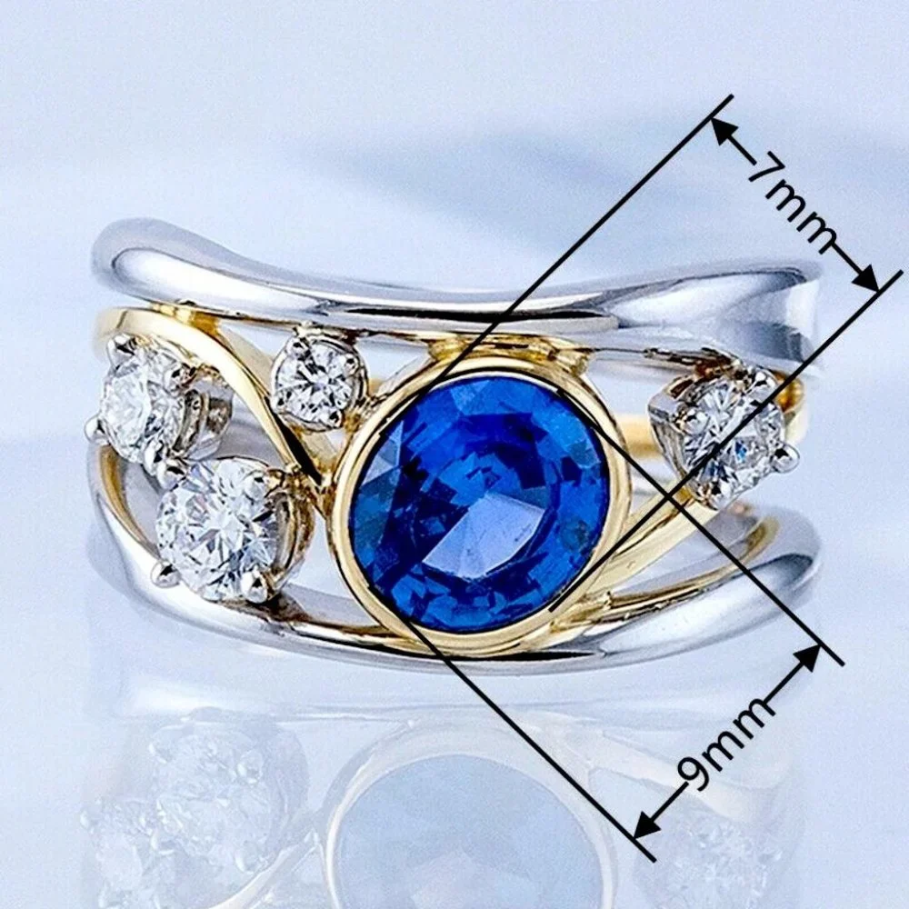 New Two Tone 925 Silver/18k Gold Blue Sapphire Diamond Ring